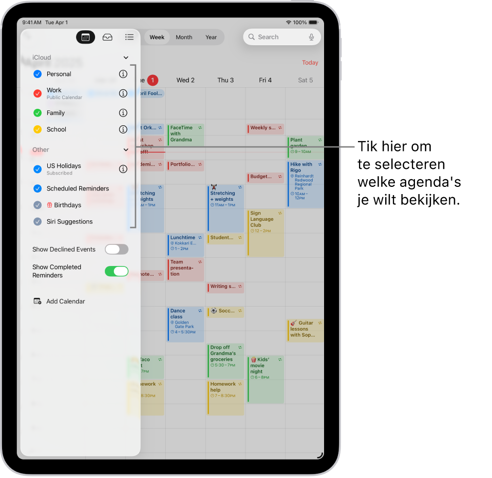 De lijst met agenda's met een vinkje bij actieve agenda's. Rechtsbovenin zie je de knop 'Gereed' voor het sluiten van de lijst. Linksonderin bevindt zich de knop met het plusteken.