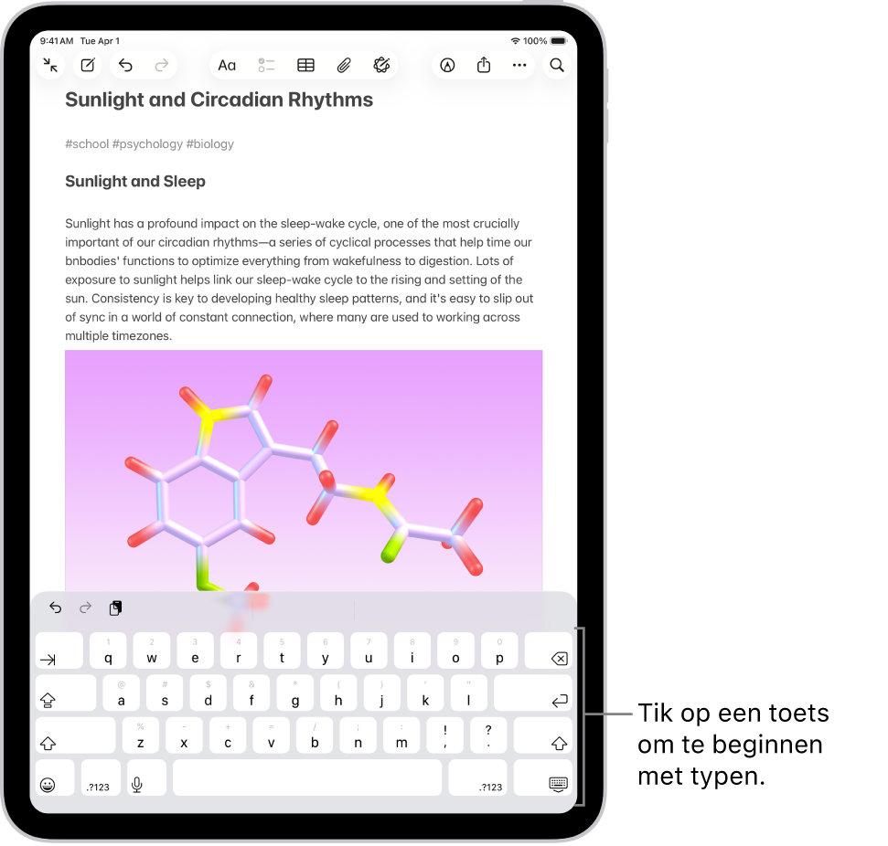 Een document is open in de Notities-app. In de onderste helft van het scherm staat het schermtoetsenbord.
