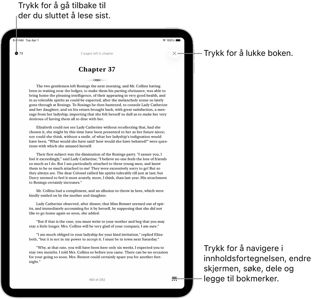 En bokside i Bøker-appen. Øverst på skjermen vises knappene for å gå tilbake til siden du begynte å lese på og for å lukke boken. Meny-knappen vises nederst til høyre på skjermen.