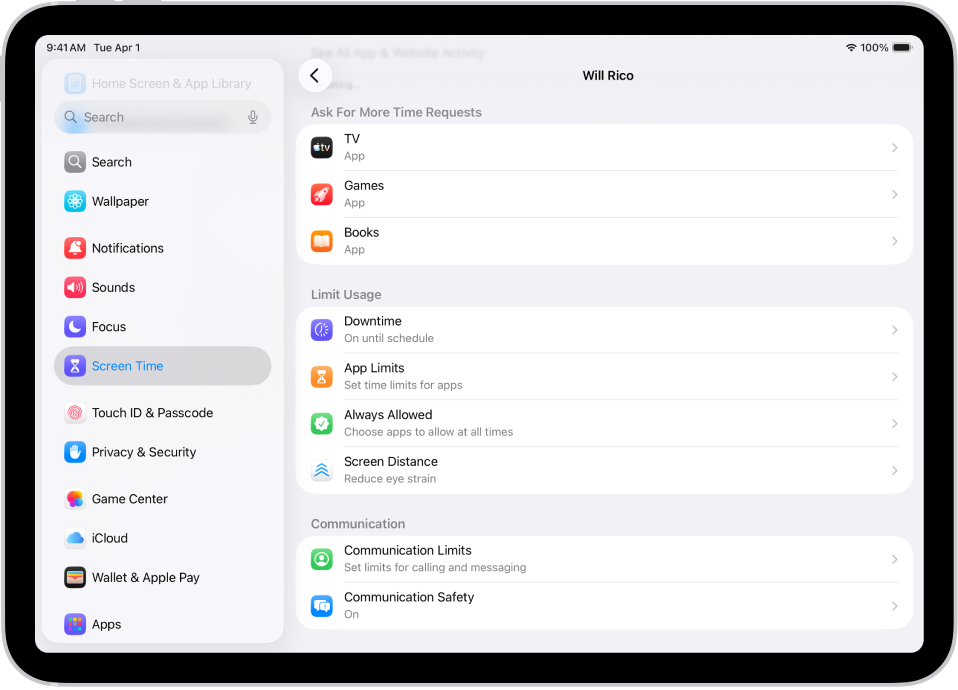 Ekran dziecka w grupie rodzinnej. Widoczna jest sekcja Poproś o więcej czasu.