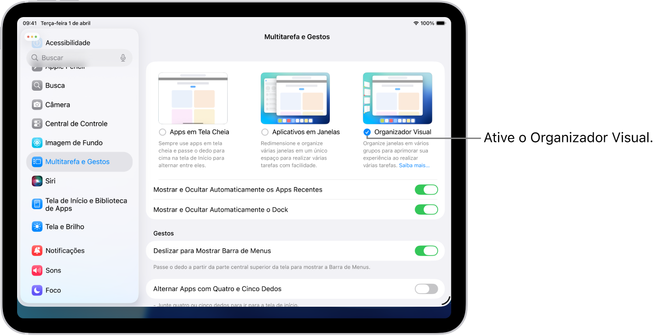 Ajustes do iPad mostrando as opções de Multitarefa e Gestos que servem para trabalhar em vários apps.