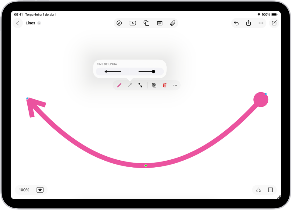 Linha de conexão em um quadro do Freeform, com pontos azuis e verde para alterar a forma e o arco.