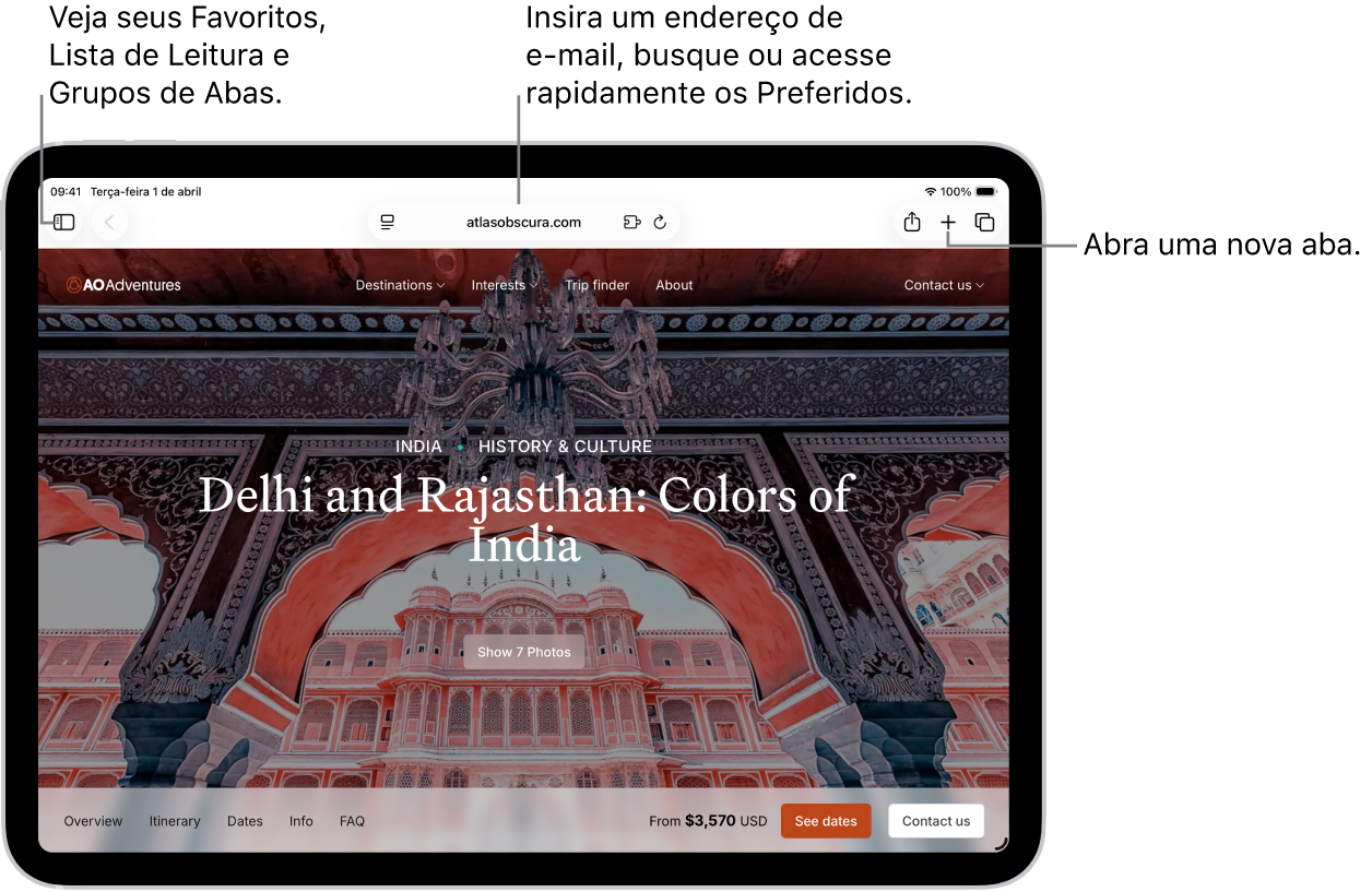 Uma página web aberta. Ao longo da parte superior, da esquerda para a direita, estão: o botão Barra Lateral, o botão Anterior, o campo de busca, o botão Compartilhar, o botão Nova Aba e o botão Visão Geral de Abas.