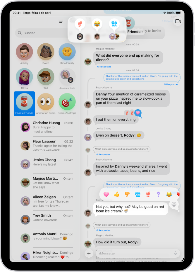 Conversa no app Mensagens, com atribuições de Tapbacks visíveis perto da parte superior da tela e o menu de Tapbacks visível sobre uma mensagem.