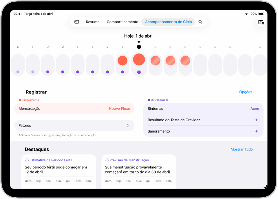 Tela do Acompanhamento de Ciclo, mostrando a linha do tempo de uma semana na parte superior da tela. Círculos vermelhos sólidos e pontos roxos marcam os 5 primeiros dias da linha do tempo. Abaixo da linha do tempo estão as opções para adicionar informações sobre menstruações, sintomas e outras.