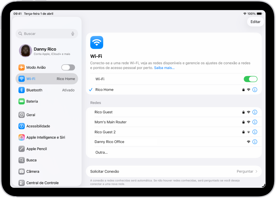 A tela Ajustes mostrando as redes Wi-Fi disponíveis.