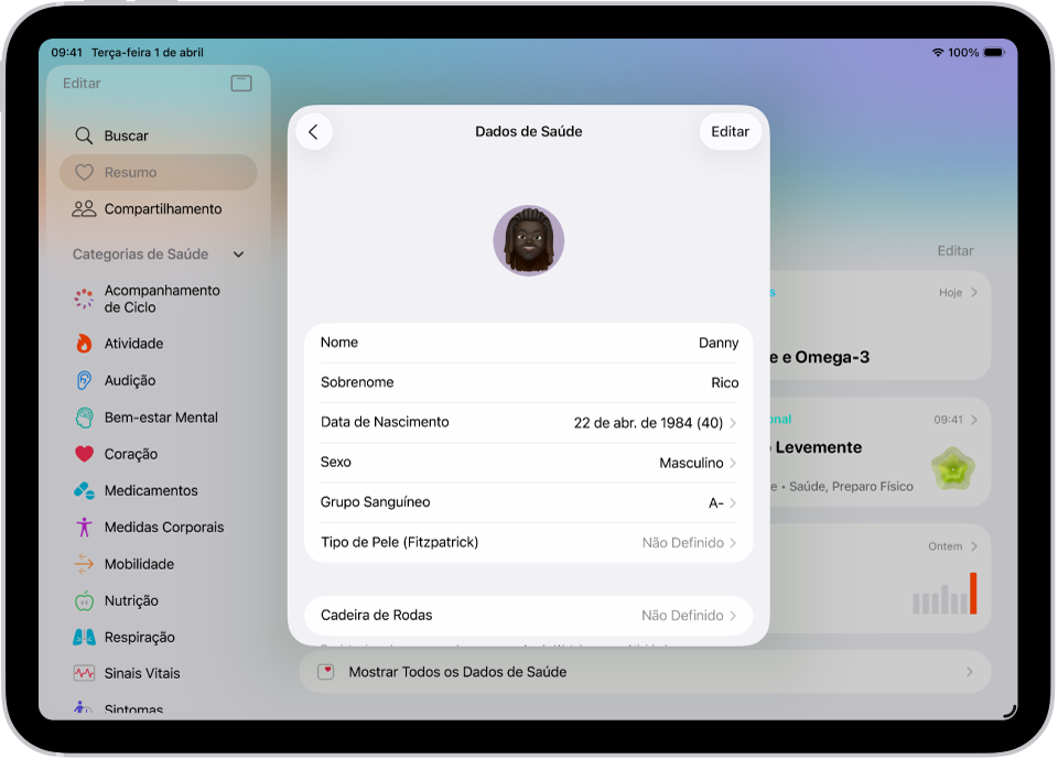 A tela Detalhes de Saúde, que inclui campos para nome, data de nascimento, sexo, tipo sanguíneo e outras informações.