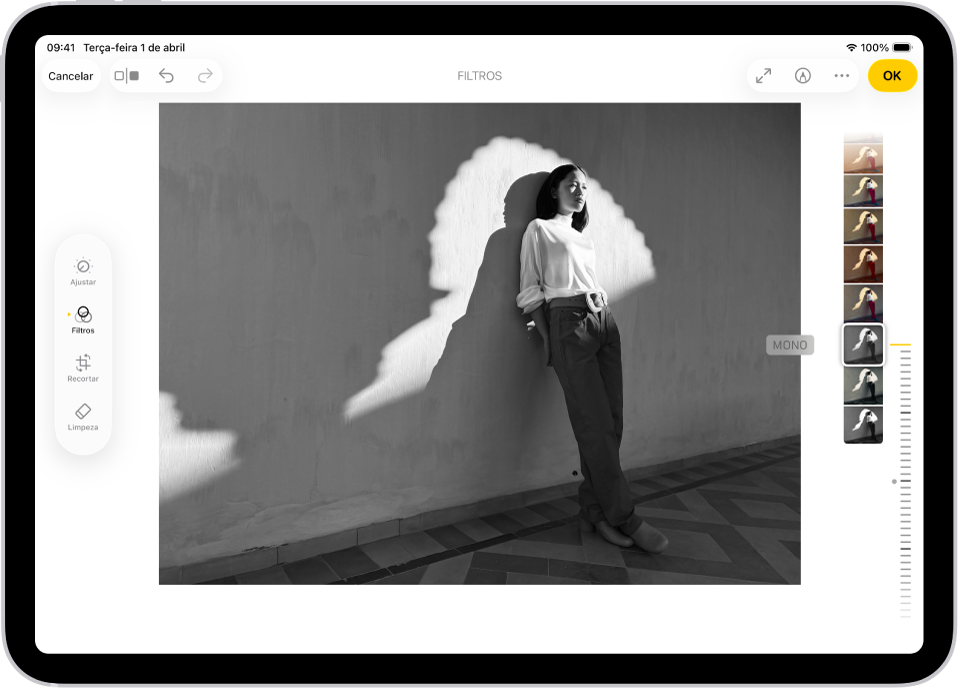 A tela Editar no app Fotos com uma foto no centro. No lado esquerdo da tela estão os botões Ajustar, Filtros e Recortar; Filtros está selecionado. No lado direito da tela, as opções de filtro e um controle deslizante para ajustar o nível do efeito de filtro.