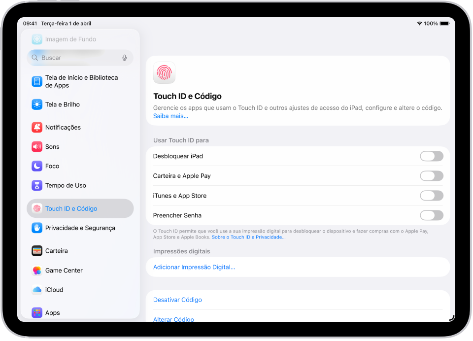 Uma tela mostrando os ajustes de Touch ID e Código, com opções para adicionar uma impressão digital e ativar o código.