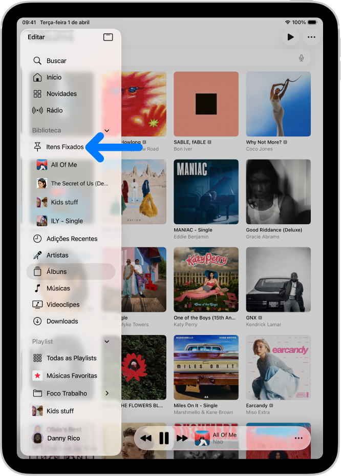 Barra lateral na esquerda com uma seta que aponta para os itens fixados, como uma música, um álbum e uma playlist, com álbuns aparecendo à direita. O Minirreprodutor encontra-se na parte inferior.