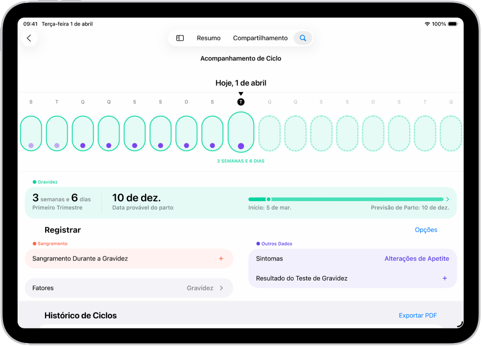 Tela do Acompanhamento de Ciclo, com uma linha do tempo de gravidez de uma semana na parte superior da tela. Formas ovais verde‑claras e pontos roxos marcam os 7 primeiros dias na linha do tempo. Formas ovais pontilhadas em verde‑claro marcam os outros dias na linha do tempo. Abaixo da linha do tempo, o resumo da gravidez, mostrando a idade Gestacional, a data de início e a provável data do parto. Abaixo do resumo da gravidez, opções para adicionar informações de sangramento durante a gravidez, sintomas e mais.