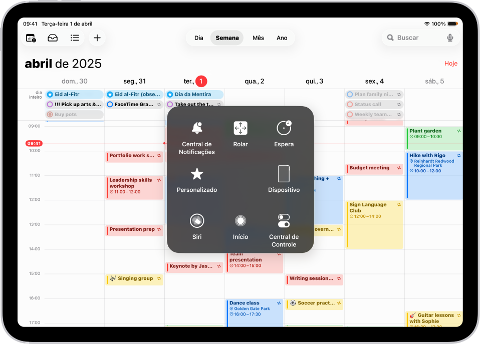 Um iPad com o menu do AssistiveTouch visível, com os controles da Central de Notificações, Dispositivo, Central de Controle, Casa, Siri e Personalizado.