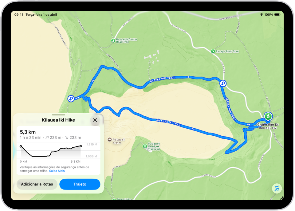 Uma visão geral de uma trilha baixável, com distância, perfil de elevação, tempo estimado e opções para salvar ou obter itinerários para o começo dela.