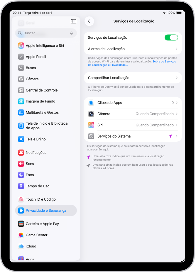 Tela dos Serviços de Localização com ajustes para compartilhar a localização do iPad com apps.
