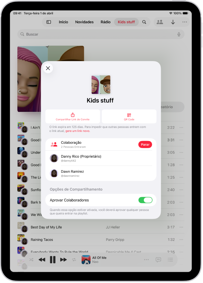 Tela Gerenciar Colaboração no app Música.