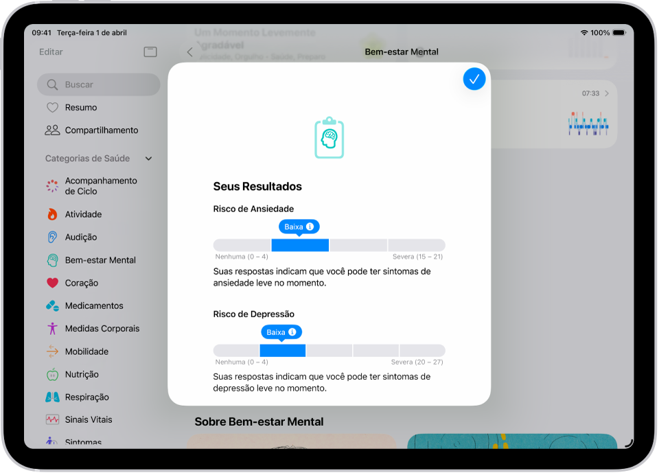 Tela no app Saúde mostrando os resultados de um questionário de saúde mental.