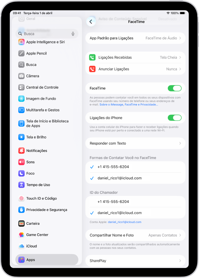 A tela de Ajustes do FaceTime mostrando o controle para ativar ou desativar o FaceTime, bem como o número de telefone e o endereço de e-mail para contatar você.