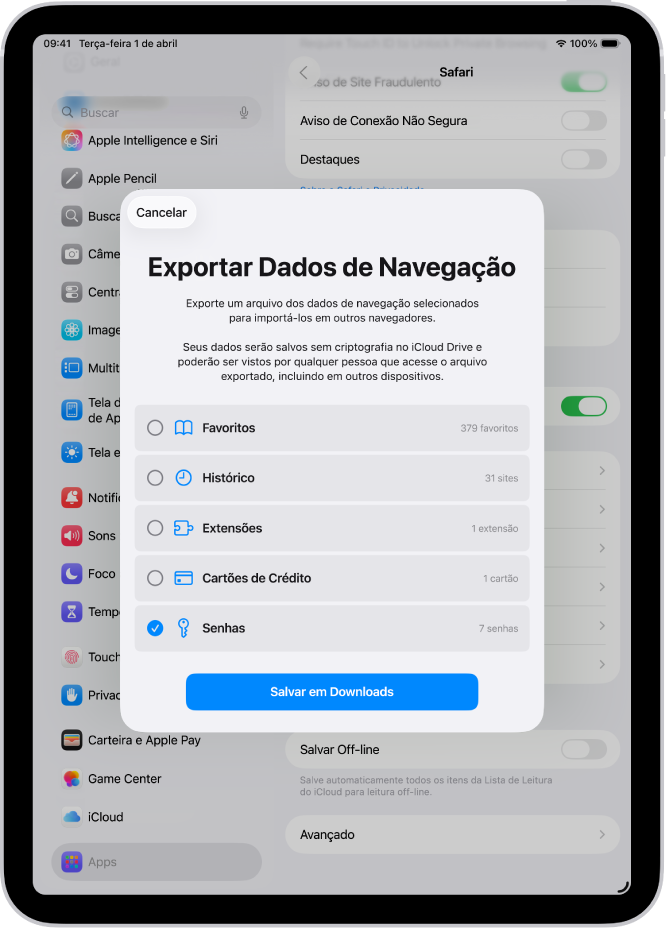 Tela Exportar Dados de Navegação, com a opção Senhas selecionada para exportar para outro gerenciador de senhas.