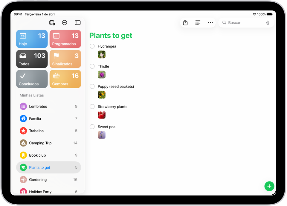 O app Lembretes mostrando uma lista com fotos em cada lembrete.