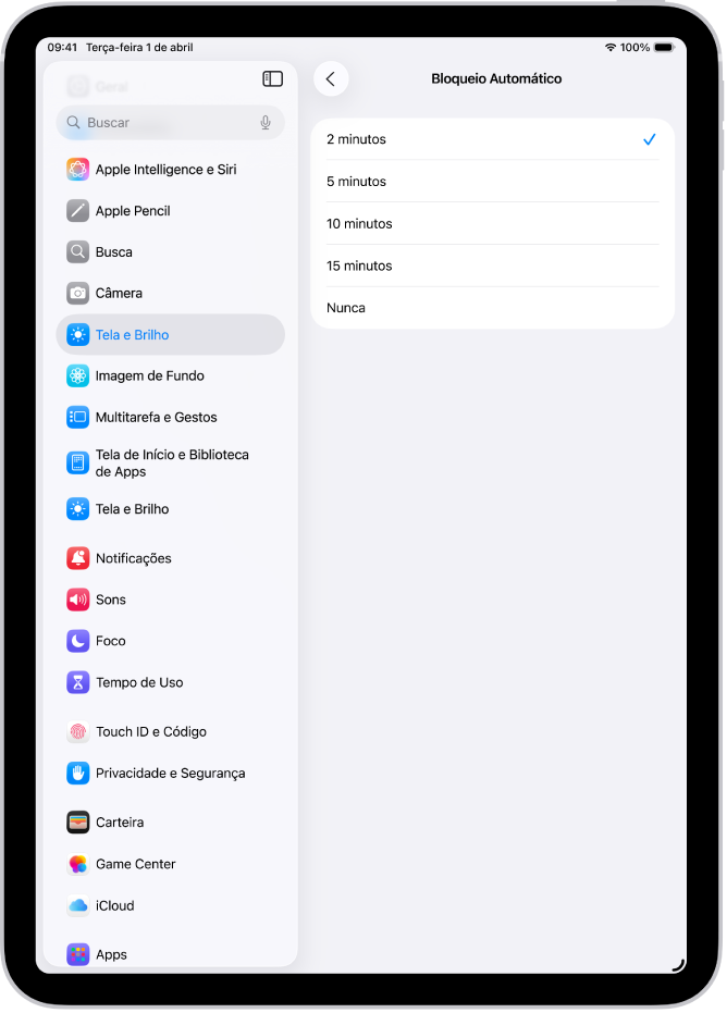 A tela de Bloqueio Automático com ajustes para duração do tempo antes que o iPad seja bloqueado automaticamente.