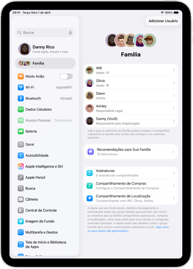A tela Família nos Ajustes. Até cinco familiares estão na lista acima dos recursos compartilhados.