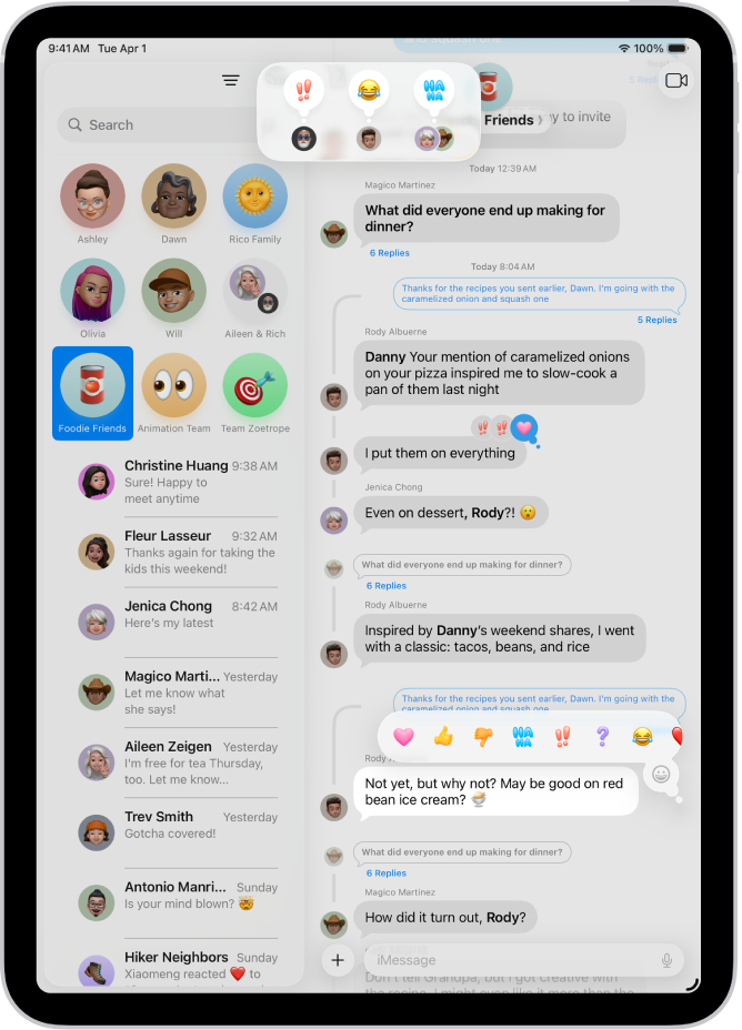 Uma conversa da aplicação Mensagens com atribuições de Tapbacks visíveis junto à parte superior do ecrã e o menu Tapbacks visível por cima de uma mensagem.