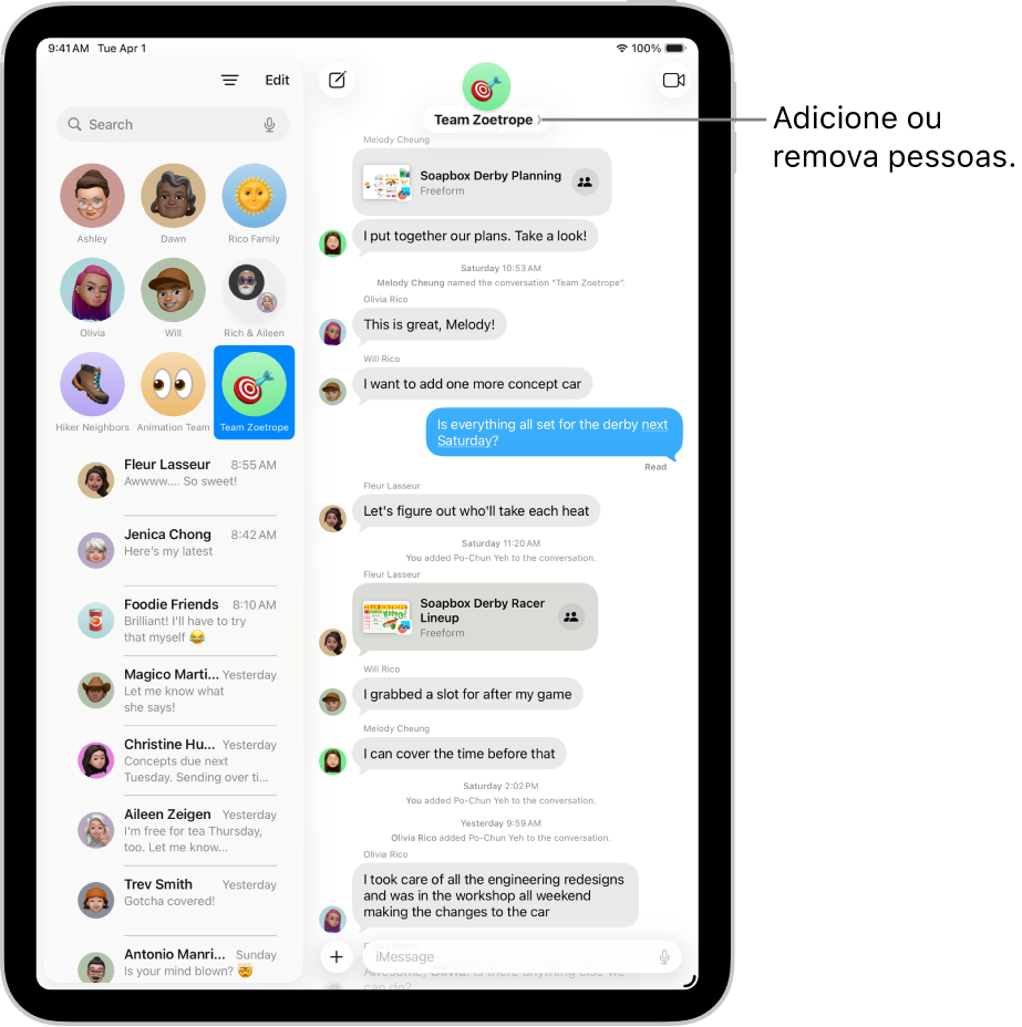 Uma conversa de grupo na aplicação Mensagens no iPad. À esquerda, uma conversa afixada está selecionada numa lista de conversas. À direita, está a transcrição de uma conversa que inclui ficheiros partilhados.