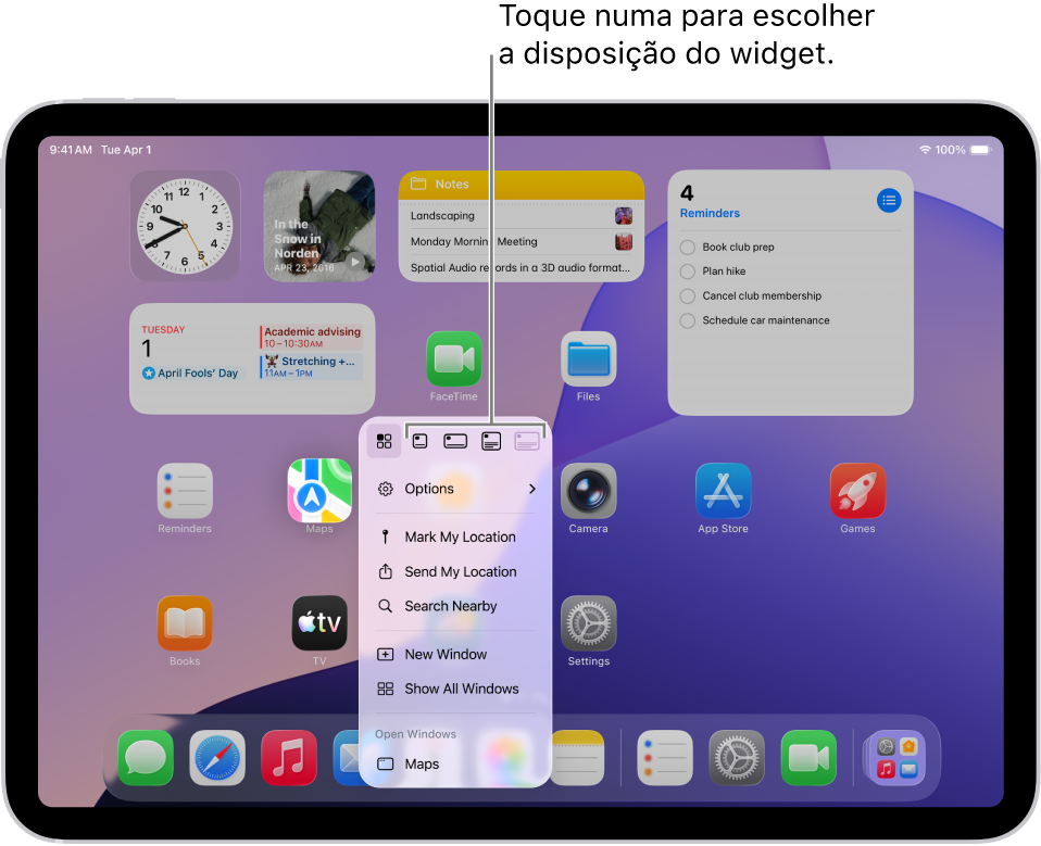 Um ecrã principal mostra um menu pop-up de aplicações a ser utilizado para transformar um ícone de aplicação num widget para a aplicação.