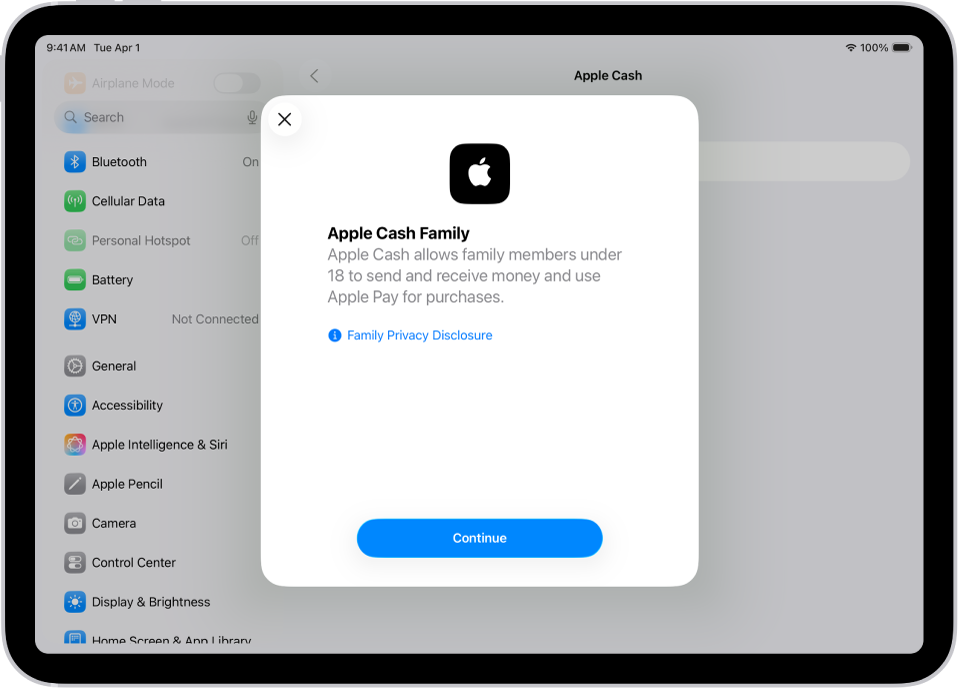 O ecrã Definições, com a caixa de diálogo de configuração de Apple Cash para a família no meio do ecrã.
