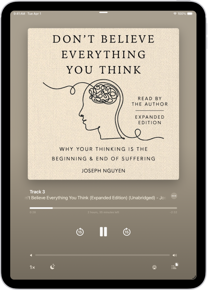 O ecrã do leitor de audiolivros a mostrar, da parte superior para a parte inferior, a capa do audiolivro, o nome da secção que está a ser reproduzida, o cursor de reprodução, o botão de pausa e os botões avançar e recuar. Na parte inferior está o nivelador de volume e por baixo estão os botões para controlar a velocidade de reprodução, definir um temporizador de pausa, escolher um destino da reprodução e ver uma lista das faixas do livro.
