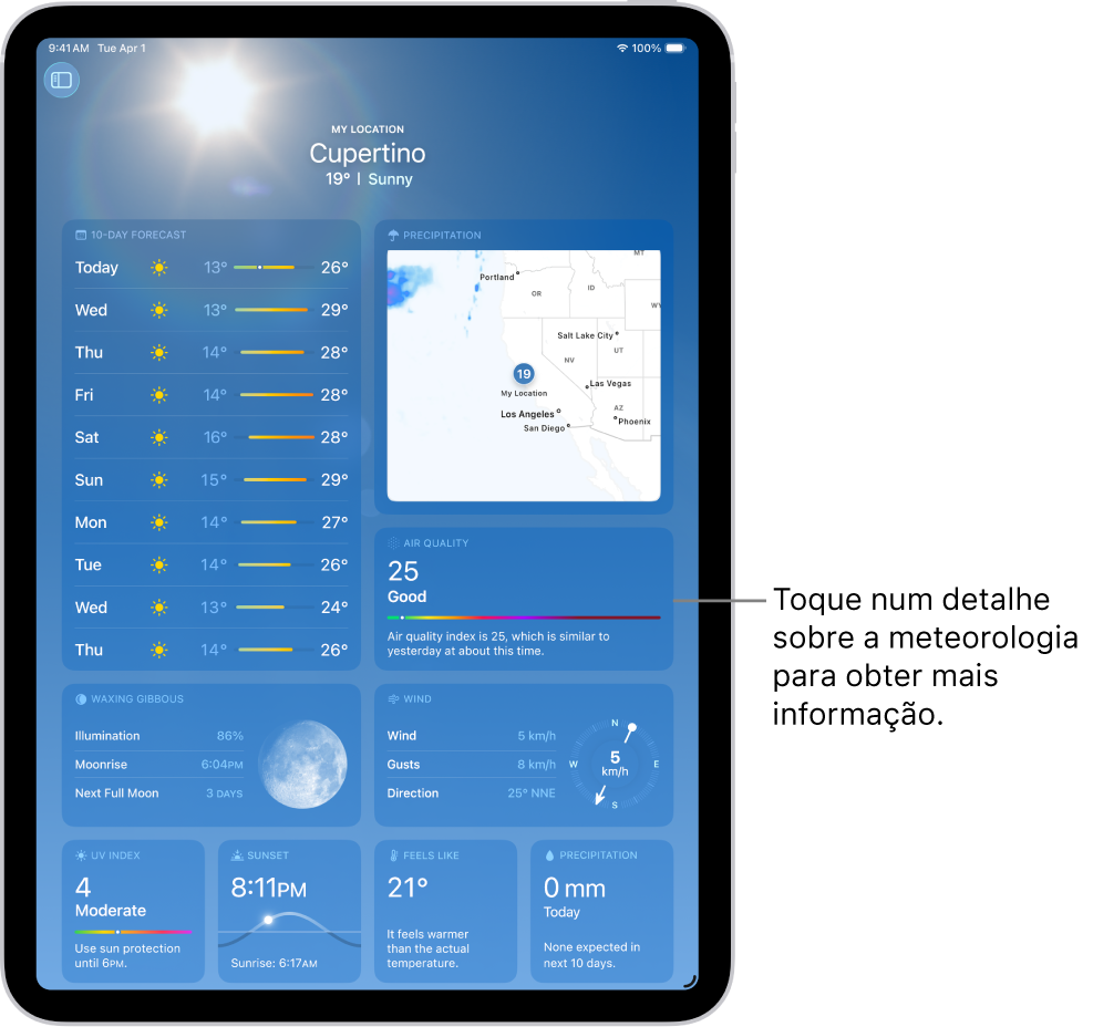 O ecrã da aplicação Meteorologia mostra a localização na parte superior e, por baixo, a temperatura atual e o estado do tempo. O resto do ecrã contém detalhes do estado do tempo, incluindo índice UV, vento e precipitação.