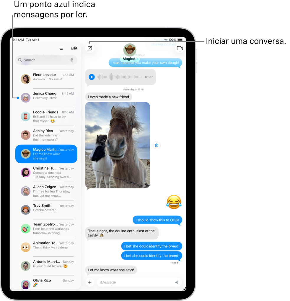 A lista de conversas na aplicação Mensagens. à esquerda e a transcrição de uma conversa à direita. As mensagens por ler estão marcadas com um ponto azul.