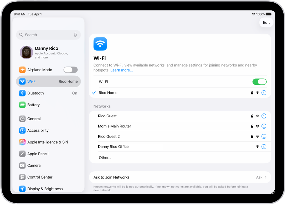 O ecrã “Definições” a mostrar as redes Wi‑Fi disponíveis.