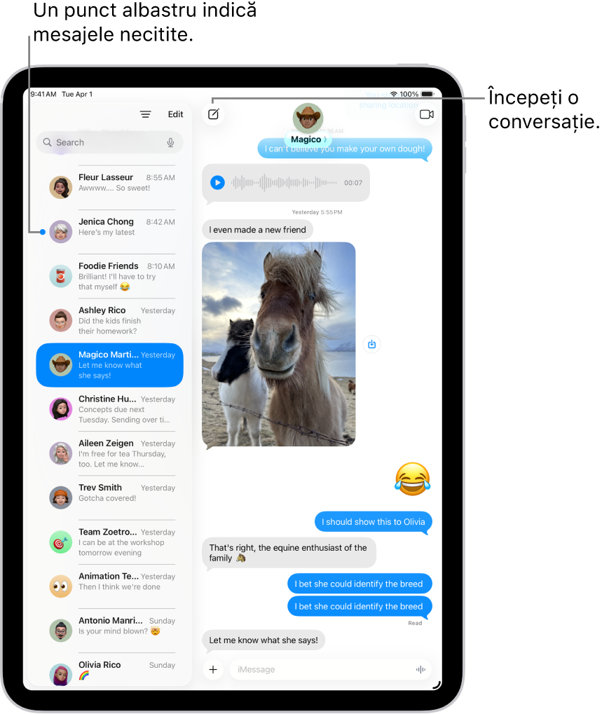 O listă de conversații Mesaje în stânga și transcrierea unei conversații în dreapta. Un mesaj necitit este marcat cu un punct albastru.