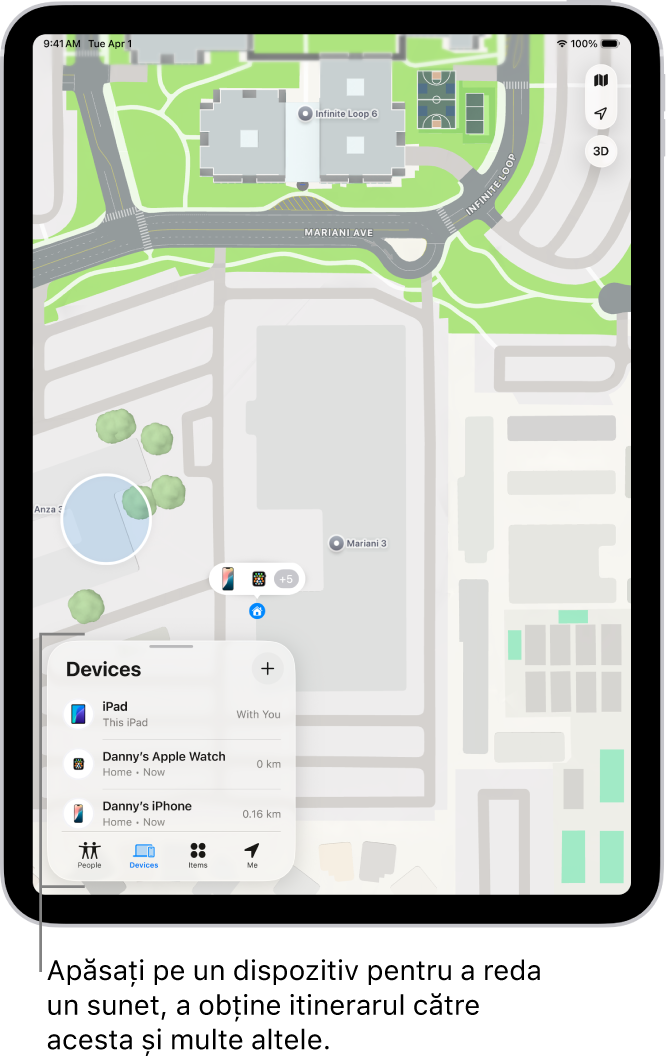 Ecranul Găsire deschis în lista Dispozitive. Dispozitivele listate includ iPad - Daniel, iPhone - Daniel, Apple Watch - Daniel și AirPods Pro - Daniel. Localizările lor sunt afișate pe o hartă în apropiere de Santa Cruz.