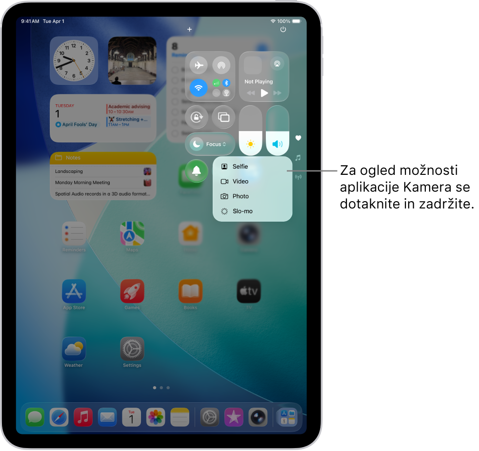 Zaslon, ki prikazuje dodatne možnosti kamere, ki so na voljo v Nadzornem središču, ko se dotaknete kontrolnika kamere in ga zadržite. Možnosti so Selfi, Video, Fotografija in Počasni posnetek.