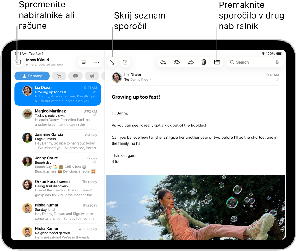 Nabiralnik v aplikaciji Pošta s seznamom e-poštnih sporočil na levi strani in odprtim e-poštnim sporočilom na desni strani.