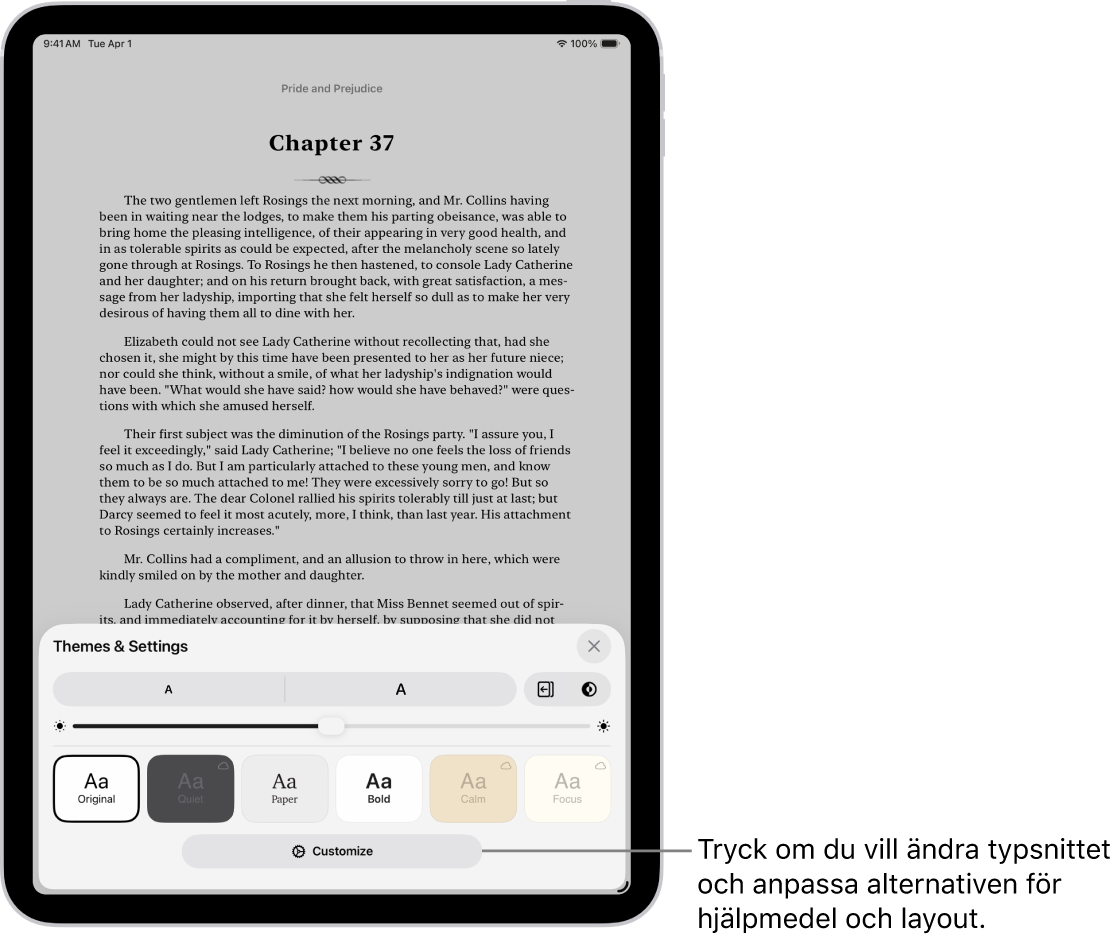 En sida i en bok i appen Böcker. Alternativen Teman och Inställningar visar reglage för typsnittsstorlek, rullningsvy, sidvändningsstil, ljusstyrka och typsnittsstilar.