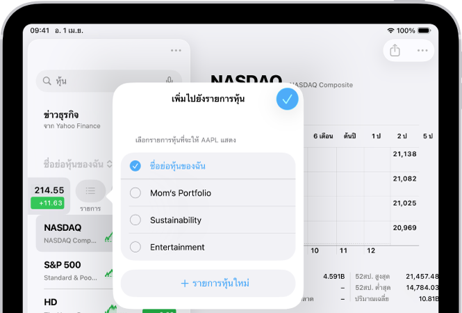 รายการของรายการหุ้นแบบกำหนดเองในแอปหุ้น: ชื่อย่อหุ้นของฉัน พอร์ตของแม่ ความยั่งยืน และความบันเทิง