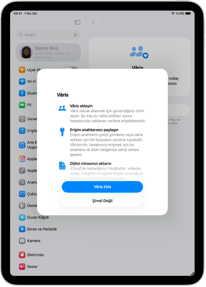 Özellik hakkında bilgi ile Vâris ekranı. Vâris Ekle düğmesi en alttadır.