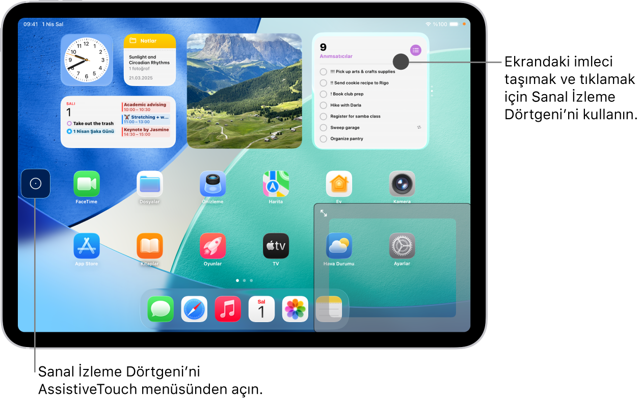 Ekranın köşesinde görüntülenen bir sanal izleme dörtgeni ile bir iPad. Ekranda AssistiveTouch menüsü (izleme dörtgenini açmak için kullanılan) ve bir imleç de (izleme dörtgeni tarafından denetlenen) var.