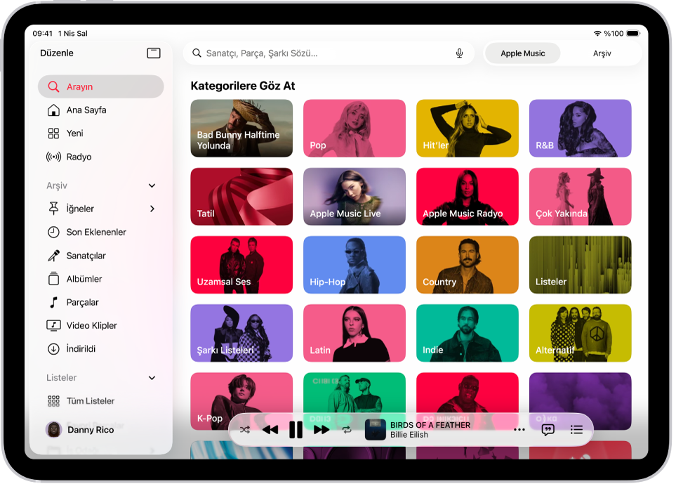 Ara sekmesi, sol tarafta kenar çubuğunu, en üstte ise arama alanını gösteriyor. Arama alanının altında çeşitli müzik kategorileri görünüyor. Mini çalar en altta.