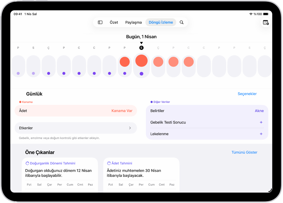 Döngü İzleme ekranı, ekranın en üstünde bir haftalık bir zaman çizelgesini gösteriyor. Düz kırmızı daireler ve mor noktalar, zaman çizelgesinin ilk 5 gününü işaretler. Zaman çizelgesinin alt tarafında âdet, belirtiler ve daha fazlası ile ilgili bilgi ekleme seçenekleri var.