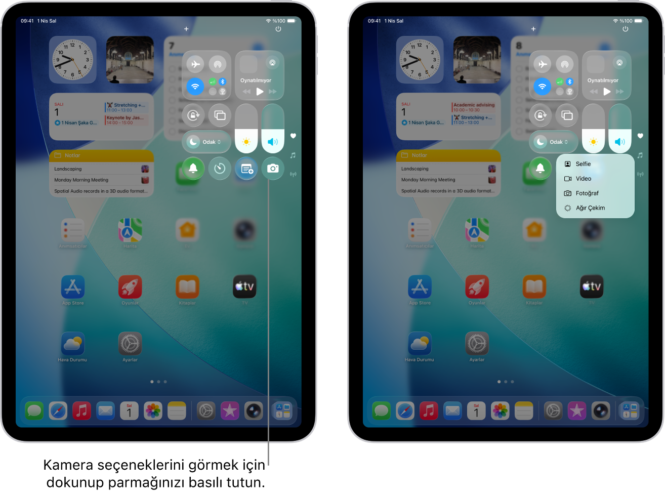 iPad Denetim Merkezi. Wi-Fi + Cellular iPad modellerinde, Uçak Modu, hücresel veri, Wi-Fi ve Bluetooth denetimleri Denetim Merkezi’nin sol üst grubunda yer alır. Kamera denetimi Denetim Merkezi’nin sağ alt tarafındadır. Sağdaki ekran, Kamera Denetimi’ni basılı tuttuğunuzda görünen hızlı menü seçeneklerini gösteriyor.