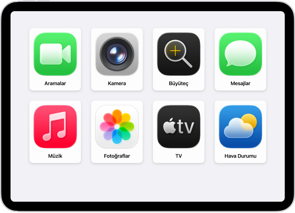 Uygulamalar içeren büyük bir ızgaranın bulunduğu Yardımcı Erişim ana ekranını gösteren bir iPad.