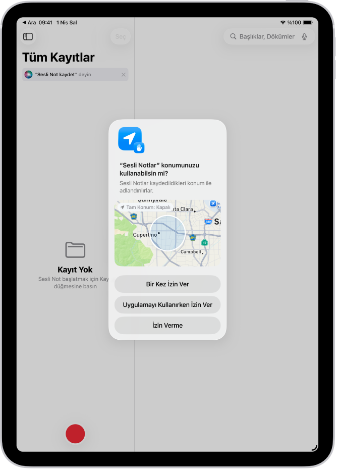 iPad’de bir uygulamadan gelen konum verilerini kullanma isteği. Seçenekler şunlar: Bir Kez İzin Ver, Uygulamayı Kullanırken İzin Ver ve İzin Verme.