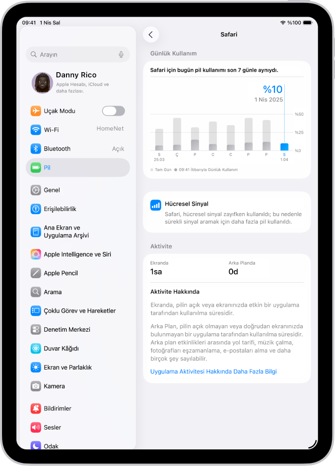 iPad’deki Ayarlar’da bulunan Pil ekranı, Safari uygulaması için ayrıntılı pil kullanımını gösteriyor. Ekranda günlük kullanım grafiği, hücresel kullanımının pil ömrünü nasıl etkilediğiyle ilgili bir not ve uygulamanın Ekrandaki ve Arka Plandaki aktivite süresinin analizi var.