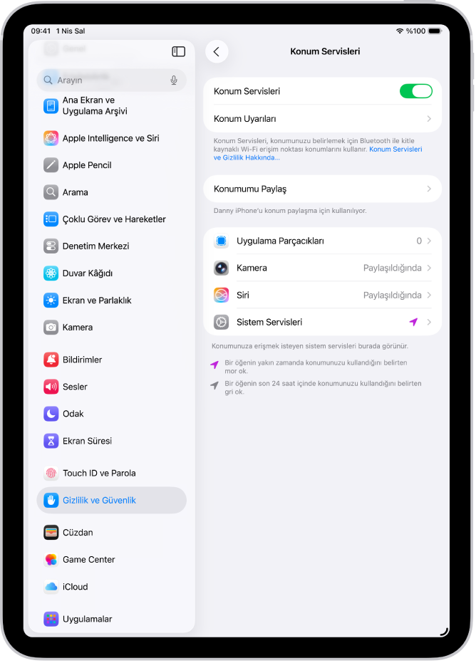iPad’inizin konumunu uygulamalarla paylaşma ayarları ile Konum Servisleri ekranı.