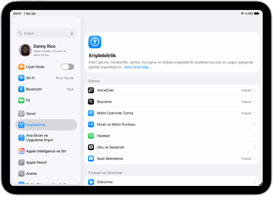 VoiceOver, Sesli Betimleme ve Anahtarla Denetim gibi Erişilebilirlik seçeneklerini gösteren bir Ayarlar ekranı.