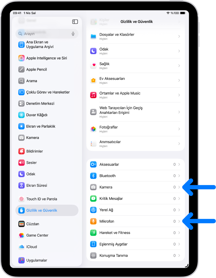 Uygulamaların kamerayı, mikrofonu veya iPad’inizin diğer bölümlerini kullanıp kullanamayacağını denetleme ayarlarıyla Gizlilik ve Güvenlik ekranı.